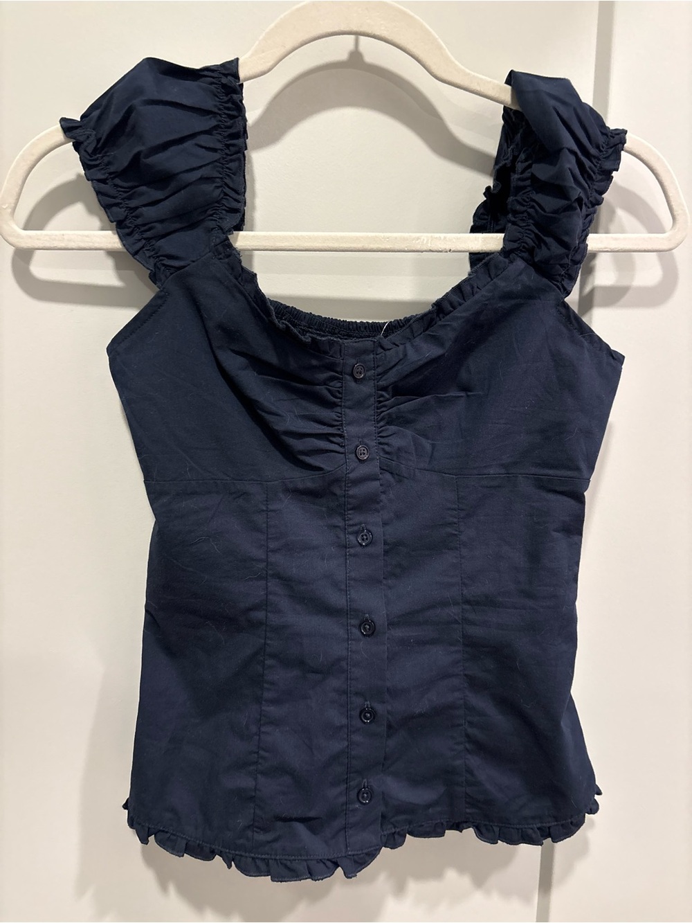 Hollister Navy Ruffle Strap Button-Front Top - Picture 3 of 4